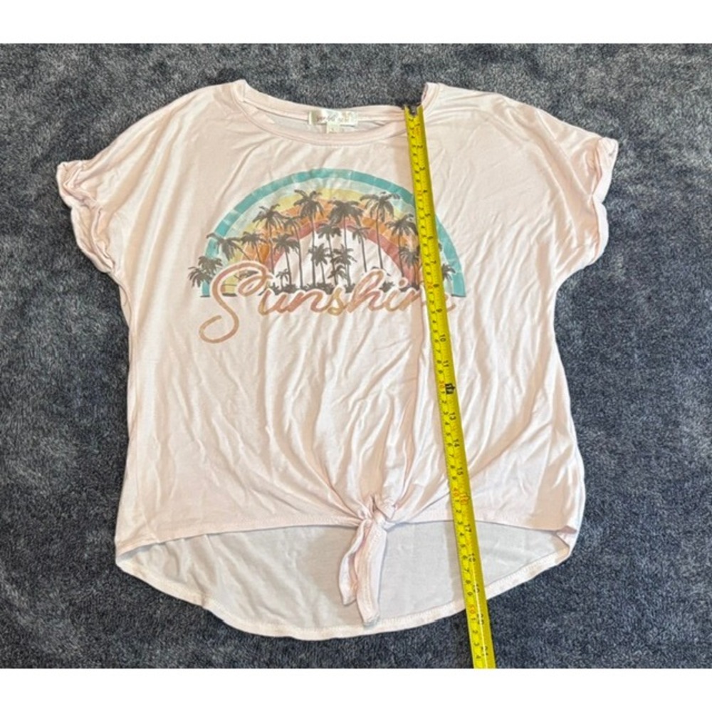 Sunset West Sunshine Graphic Tee Women Pink Palm Tree Rainbow Front Tie Tee L - Picture 4 of 4
